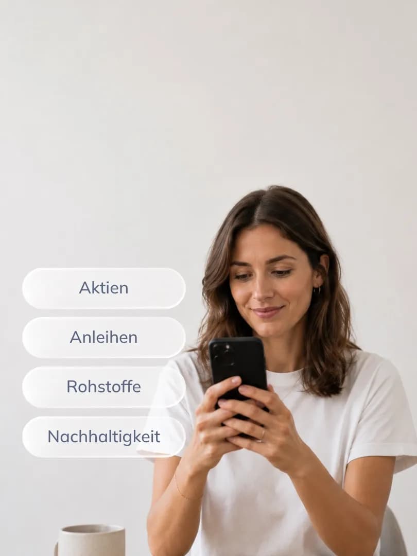 Frau mit dem Smartphone — Fondsauswahl nach Aktien, Anleihen, Rohstoffen und Nachhaltigkeit in der Säule-3a-Police